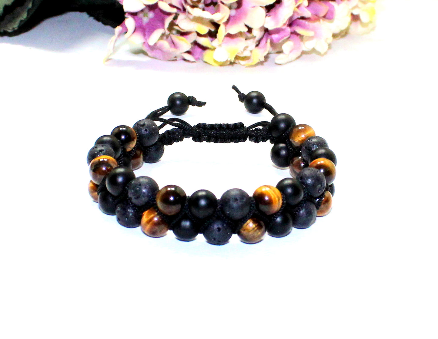 Triple Protection Bracelet - Tiger eye, Black Onyx and Lava Rock