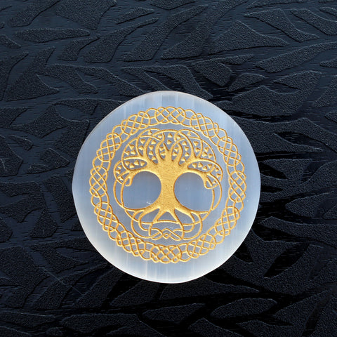 Tree of Life Engraved Selenite Charging Disc / Plate / Round Slice