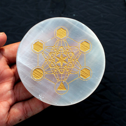 Natural Selenite Charging Platonic Geometry Engraved Disc / Plate