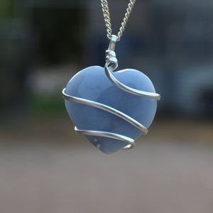 Natural Angelite Heart Wire Wrapped Pendant