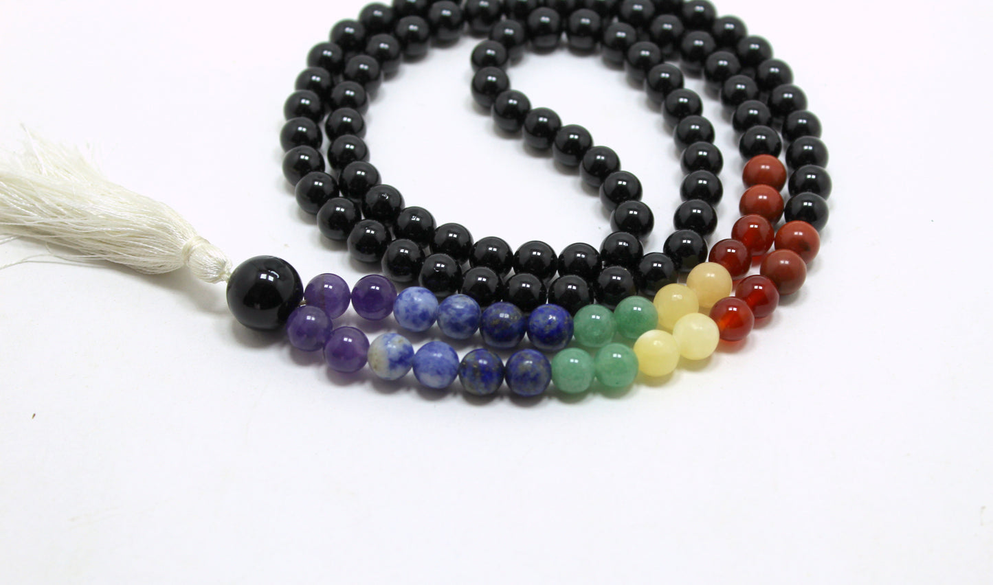 Natural Black Tourmaline and Chakra 108 Beads Japa Mala