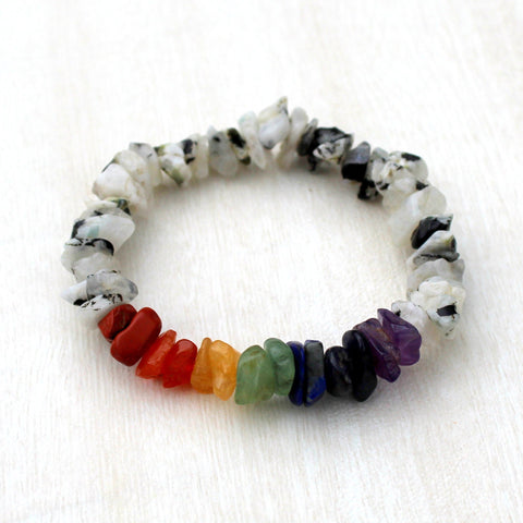 White Rainbow Moonstone and Chakra Chip Stretchable Bracelet