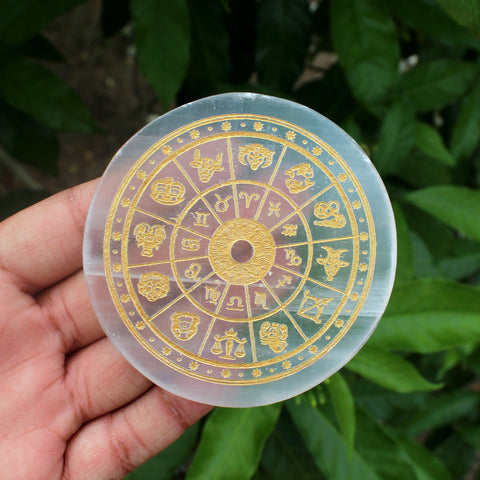 Natural Selenite Zodiac Engraved Plated