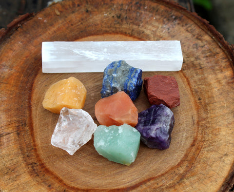 Natural Chakra Raw Stones with Selenite Bar