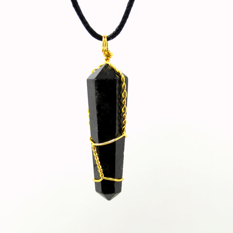 Natural Black Tourmaline Golden Wire Wrapped Pendant